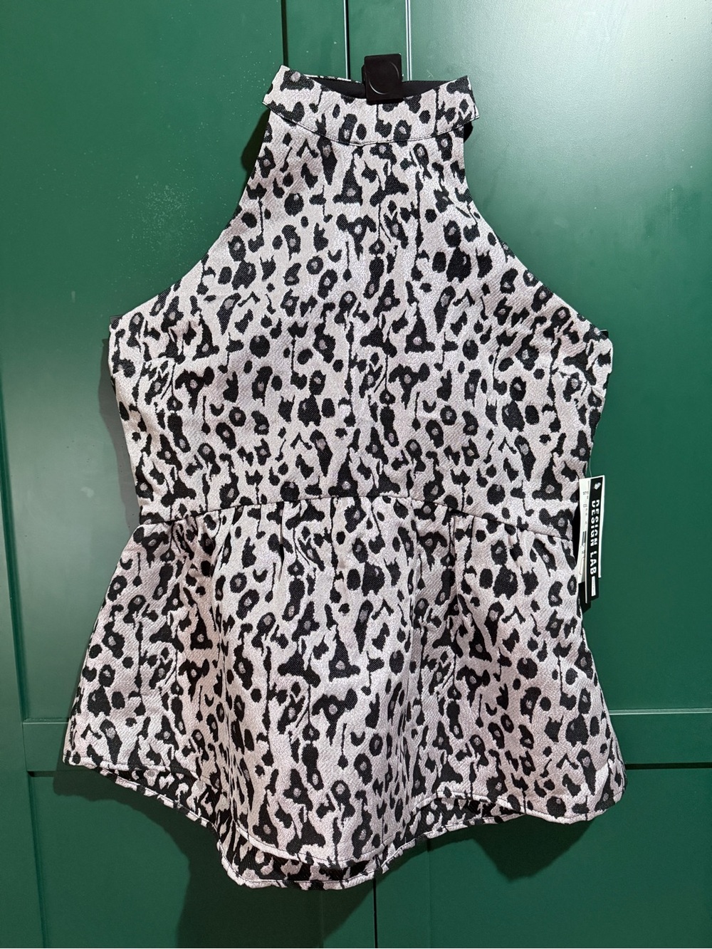 Design Lab Lord & Taylor Black and Metallic Silver Leopard Halter Peplum Top